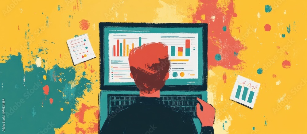 Poster data analyst examining report and charts on laptop display