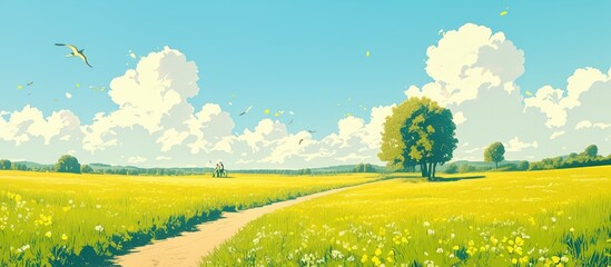 Fototapeta premium Dirt Road Through Fields On A Sunny Day With Clouds