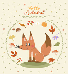 Hello autumn illustration with fox character and fallen leaves