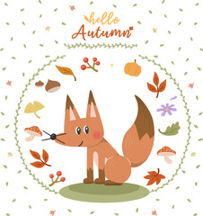 Hello autumn illustration with fox character and fallen leaves