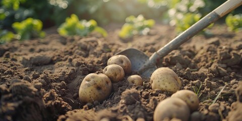 Close up of freshly harvested organic potatoes with a shovel on soil in a farm garden