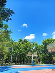 Outdoor Basketball Court under Clear Blue Sky and Green Trees