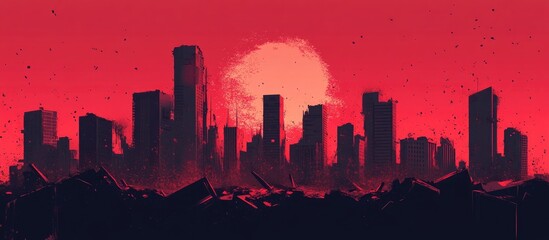 Fototapeta premium Post Apocalyptic Ruined Modern Urban Landscape With Reds