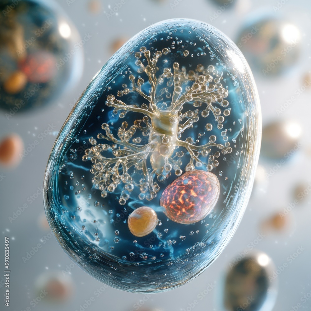 Poster 3d illustration of a cell with internal structures and organelles.