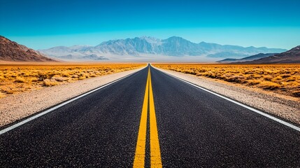Fototapeta premium Expansive Desert Highway Stretching Towards Distant Mountains