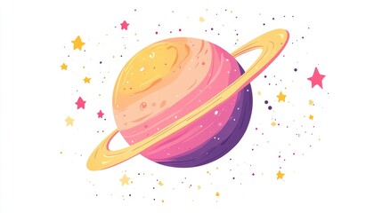 Vibrant whimsical planet surrounded by stars on a white backdrop Bright pink and yellow hues create a surreal cartoon style space object Ideal for prints on T shirts and posters