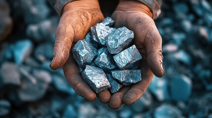 Man's hands holding silver, platinum, or rare earth mineral ore from a mine.