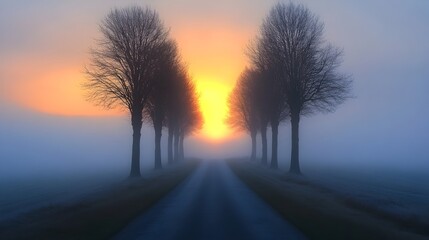 Fototapeta premium Mysterious Country Road Shrouded in Ethereal Fog and Atmospheric Twilight