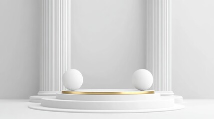 White podium resembling a classic column for showcasing products featuring a golden platform and spheres in a minimalist setting 2d illustration