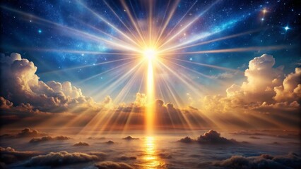 Obraz premium A celestial beam of radiant light bursts forth, enveloping an otherworldly landscape in an aura of mystique and