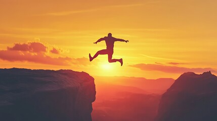 Dynamic Man Leaping Over Cliff Gap Against Stunning Sunset Background, Symbolizing Boldness and Business Ambition