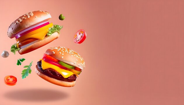 3D render of floats cheeseburger with sesame bun, lettuce, tomato, onion and pastel sauce  from Cute Fast Food Concepts.
