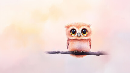 Fototapeta premium A cute and whimsical owl perched on branch, featuring large expressive eyes and soft, fluffy feathers.
