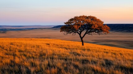 Fototapeta premium A solitary tree stands gracefully in a golden meadow under a serene sunset sky, embodying tranquility and natural beauty.