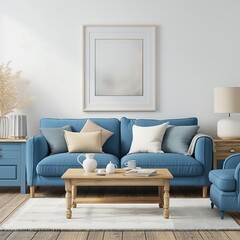 Modern living room interior design with cozy sofa and wood table