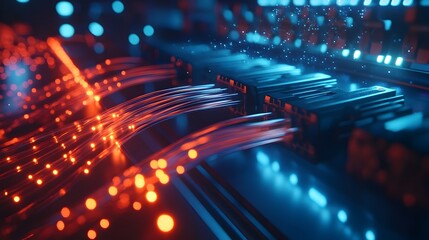 Luminous Fiber Optic Cables Transmitting Data in a Futuristic Server Room
