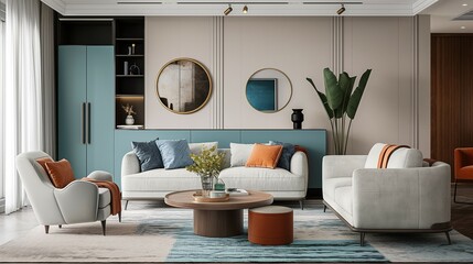 Lovely modern living room interior design with comfortable sofa,wooden table and cabinet drawer