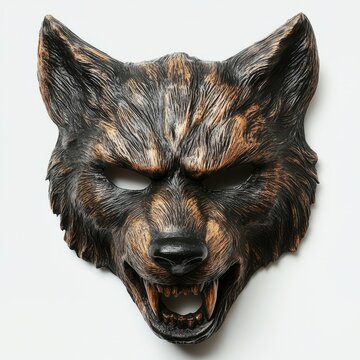 A detailed wolf mask showcasing fierce features, ideal for Halloween, costumes, or theatrical performances.