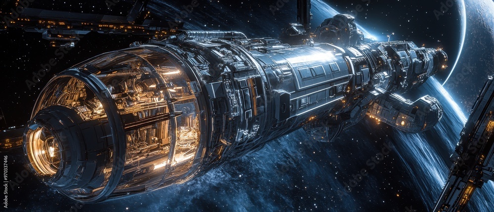 Poster futuristic spaceship orbiting a planet with starry background - sci-fi artwork