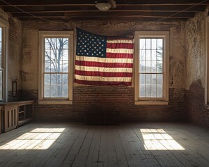 Fototapeta premium American Flag Hanging in Abandoned Building with Sunlight Streaming Through Windows