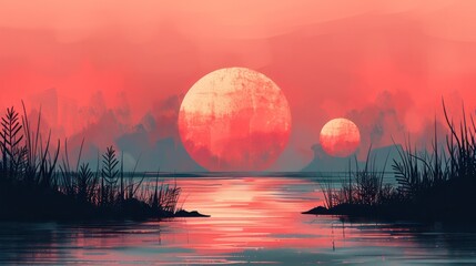 A serene landscape featuring two large suns setting over a tranquil water body, surrounded by silhouettes of plants and mountains.