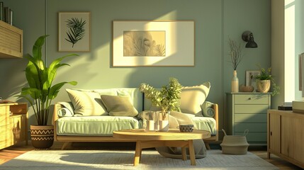 Lovely modern living room interior design with comfortable sofa,wooden table and cabinet drawer