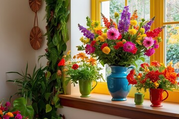 Vibrant Flowers Bloom in a Colorful Garden Corner Surrounded by Lush Greenery and Seasonal Beauty