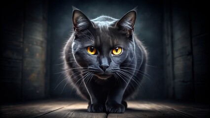 Obraz premium A dark room becomes suffocating as a black cat with piercing yellow eyes and arched back commands the