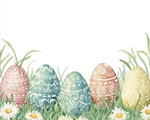 Watercolor Easter Eggs with Floral Designs in Green Grass and Daisies - Festive Holiday Illustration.