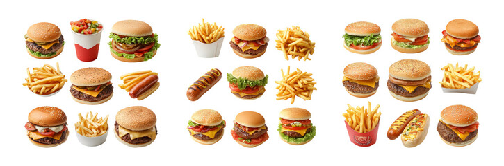 Collection of appetizing burgers hotdogs and fries on a transparent background