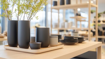 Modern Home Decor with Black Vases  Wooden Tray and Plates