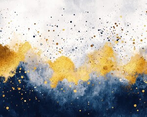Abstract Watercolor Background with Gold and Blue Splashes and Texture.