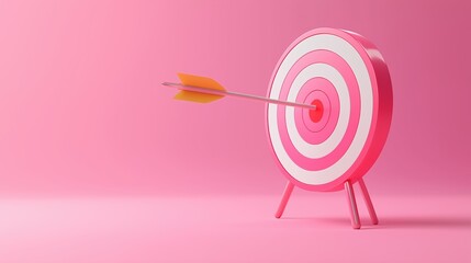 A pink target with an arrow perfectly hitting the center, set against a matching pink background. Ideal for themes of accuracy, focus, and success.