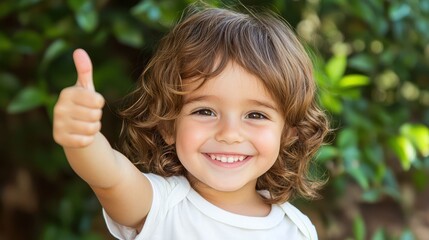 Happy Child with Thumbs Up Gesture in a Green Garden