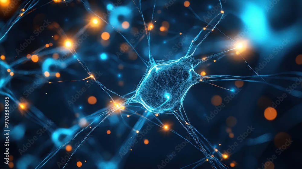 Aufkleber abstract neuron cell network with glowing lights - 3d render.