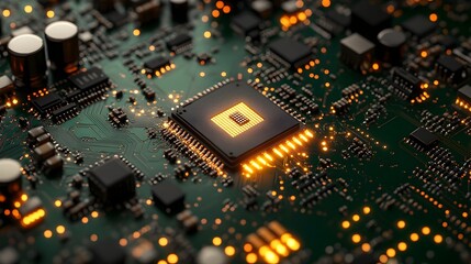 Obraz premium Glowing Green Circuit Board with Golden Traces Symbolizing Connectivity and Processing Power