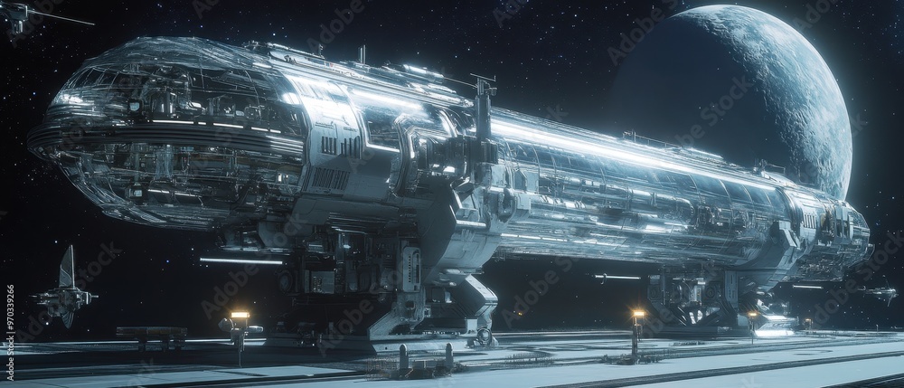 Poster futuristic spaceship docked at spaceport with moon in the background.