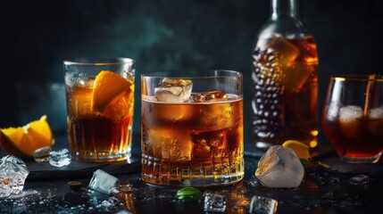 A close-up of whiskey drinks with ice and citrus garnishes, set against a dark backdrop for a cozy atmosphere.