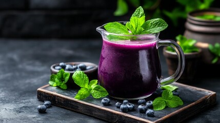 A refreshing blueberry smoothie garnished with mint leaves, set on a dark, elegant table with blueberries scattered around.