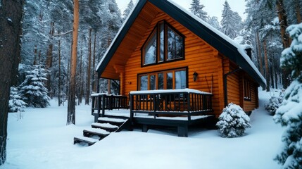 A cozy wooden cabin surrounded by snow in a forest, with large windows reflecting the serene, winter landscape. 