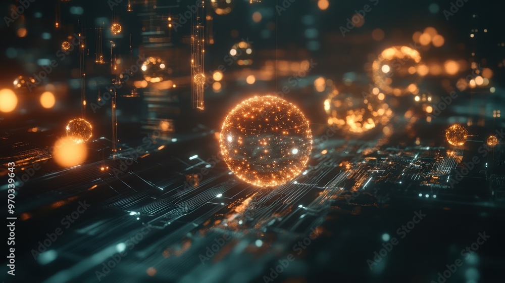 Aufkleber abstract glowing sphere on circuit board with bokeh lights - technology background
