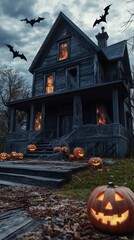 Spooky Haunted House with Jack-O-Lantern on Halloween Night.