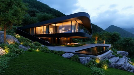 A modern architectural home nestled in the mountains, blending sleek design with nature's tranquility for a perfect retreat.