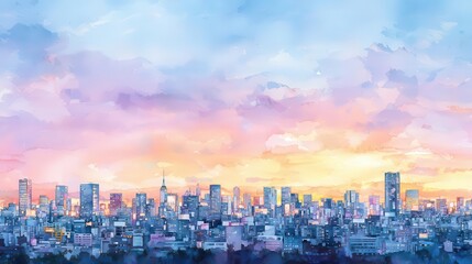 Fototapeta premium Stunning watercolor cityscape at sunset, showcasing vibrant colors and dramatic clouds over a downtown skyline.