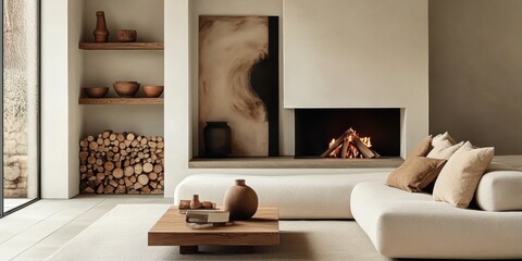 A modern, minimalist living room interior design with a cozy fireplace, warm-toned wood furniture and minimalist decor, soft textured neutral-colored sofa and cushions, stacked firewood