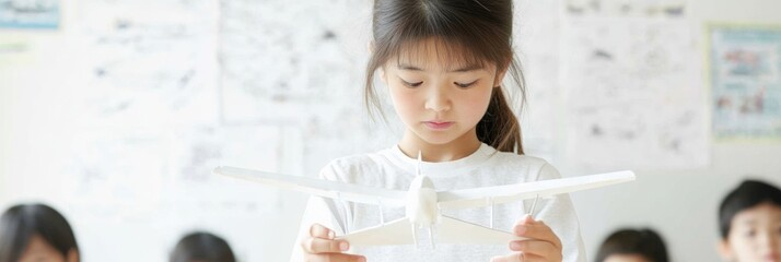 Young Girl Explores Aviation Model in Classroom with Asian Female Teacher and Attentive Students