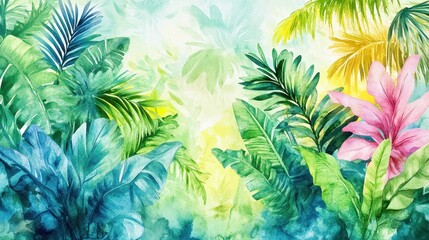 Watercolor Tropical Jungle Leaves Background - Green, Yellow, Pink