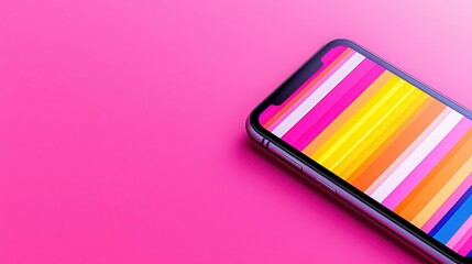 Vibrant smartphone with colorful stripes on a bright pink background, perfect for modern technology and creative projects.