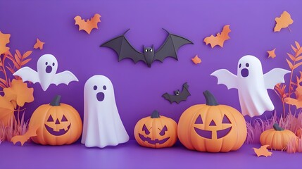 Halloween Pumpkins  Ghosts  and Bats on Purple Background