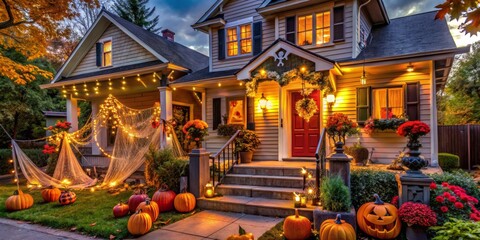 Obraz premium A house resplendent in spooky decorations, comes alive with a lively party atmosphere, beckoning trick-or-treaters and